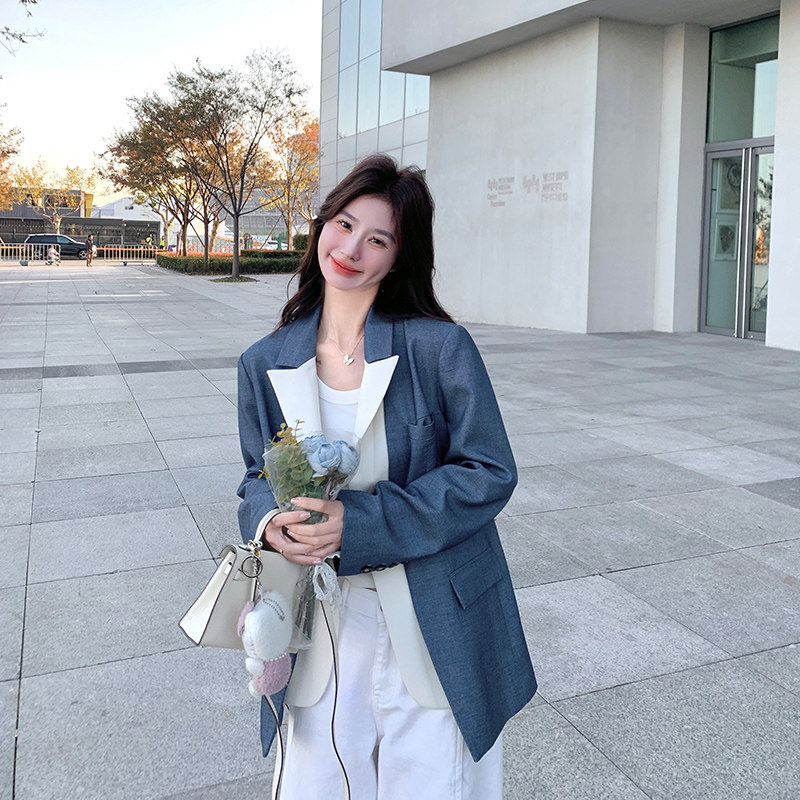 【春装有货】孔雀蓝假两件拼接西装外套2D079-8905P165控248，女装西装，浙宝129