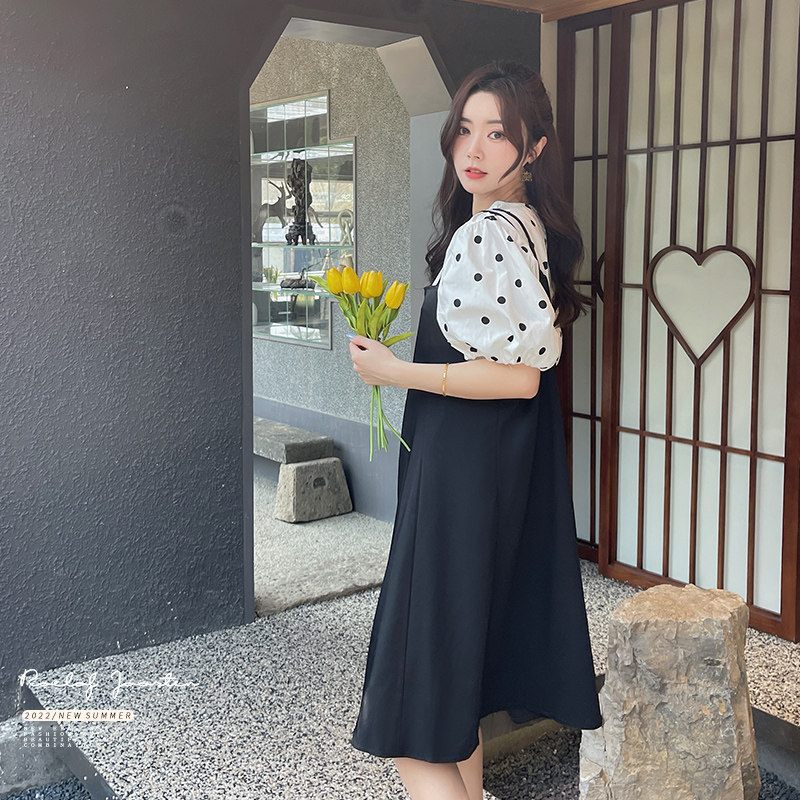【新款现货】夏圆点T恤+黑色吊带裙套装2D079-2386P100控158,女装连衣裙,浙宝129