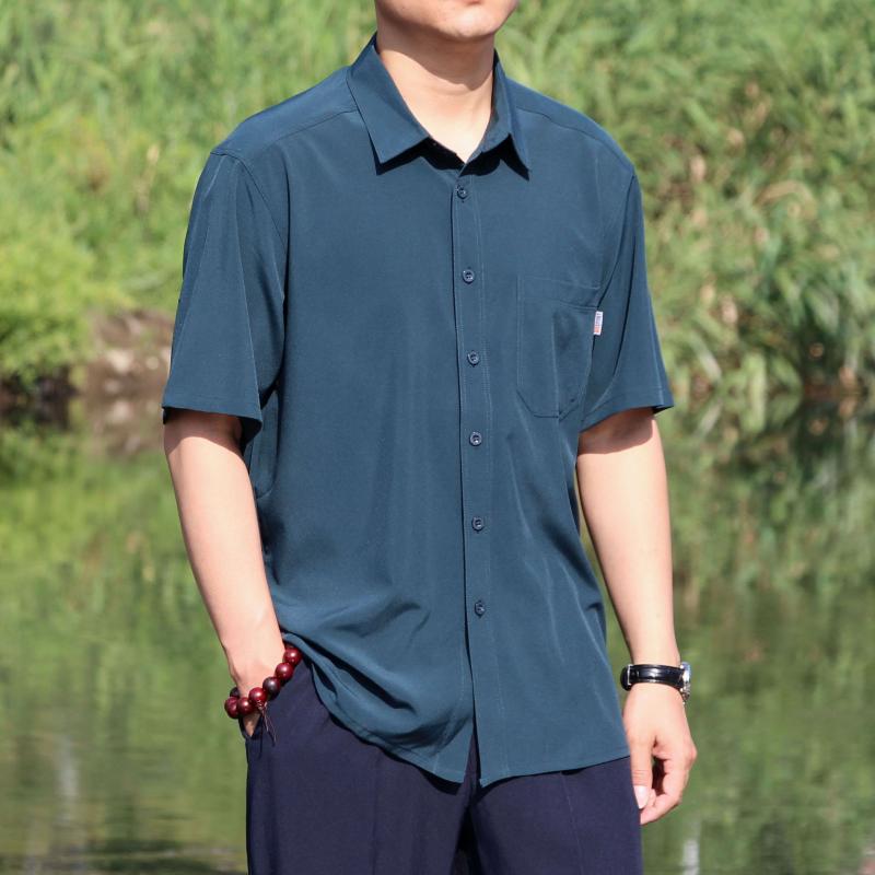 薄款中老年人真丝短袖衬衫加肥加大码爸爸开衫上衣宽松桑蚕丝衬衣