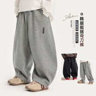 MINIKIDO男童弯刀裤加绒加厚冬季2025新款休闲风中小儿童针织卫裤