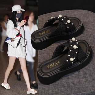 松糕厚底海边沙滩鞋 网红仙女风珍珠凉拖鞋 外穿2025年新款 女款 夏季