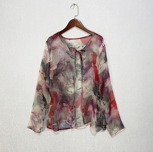 新款 宽松披肩 桑蚕丝系带开衫 印花外套女 防晒衣真丝顺于绉长袖