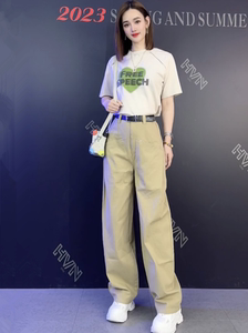 欧货时尚套装女夏季设计感印花短袖T恤+宽松休闲直筒阔腿裤两件套