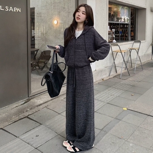 欧货慵懒风时尚套装女秋冬设计感条纹连帽外套休闲阔腿裤两件套潮