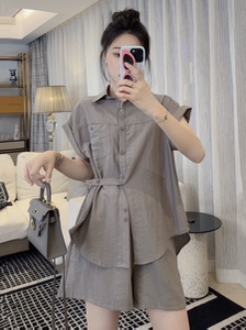 欧货高级感时尚套装女夏季小个子宽松翻领衬衫阔腿短裤显瘦两件套