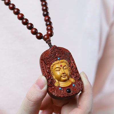 紫檀雕刻观音菩萨108颗念珠项链
