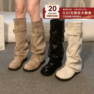 贾不假靴子女款长筒靴2026新款秋冬季圆头低跟皮带扣可拆卸堆堆靴