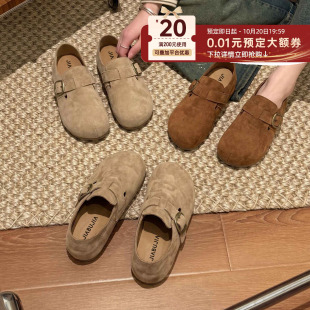 贾不假勃肯鞋女秋冬季2026新款全包休闲复古皮扣装饰圆头通勤单鞋