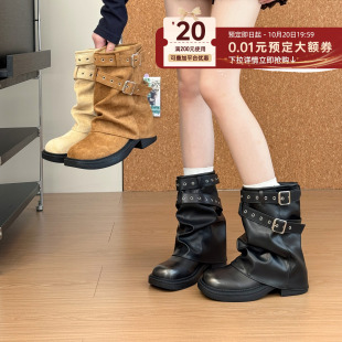贾不假小短靴女款秋冬季2026新款韩版厚底增高堆堆靴裤管靴不累脚
