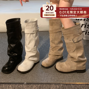贾不假靴子女款长筒靴2026新款秋冬季圆头低跟皮带扣可拆卸堆堆靴