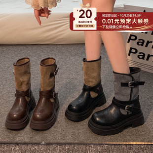 贾不假短靴女秋冬季2026新款复古风皮带扣厚底小个子拼接加绒女靴