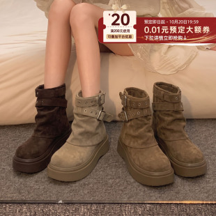 贾不假短靴女款秋冬季2026新款厚底增高皮带扣百搭圆头休闲马丁靴