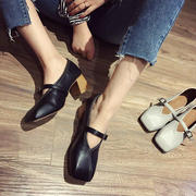 2017春季新款方头女鞋复古中粗跟高跟鞋韩版皮带扣玛丽珍浅口单鞋
