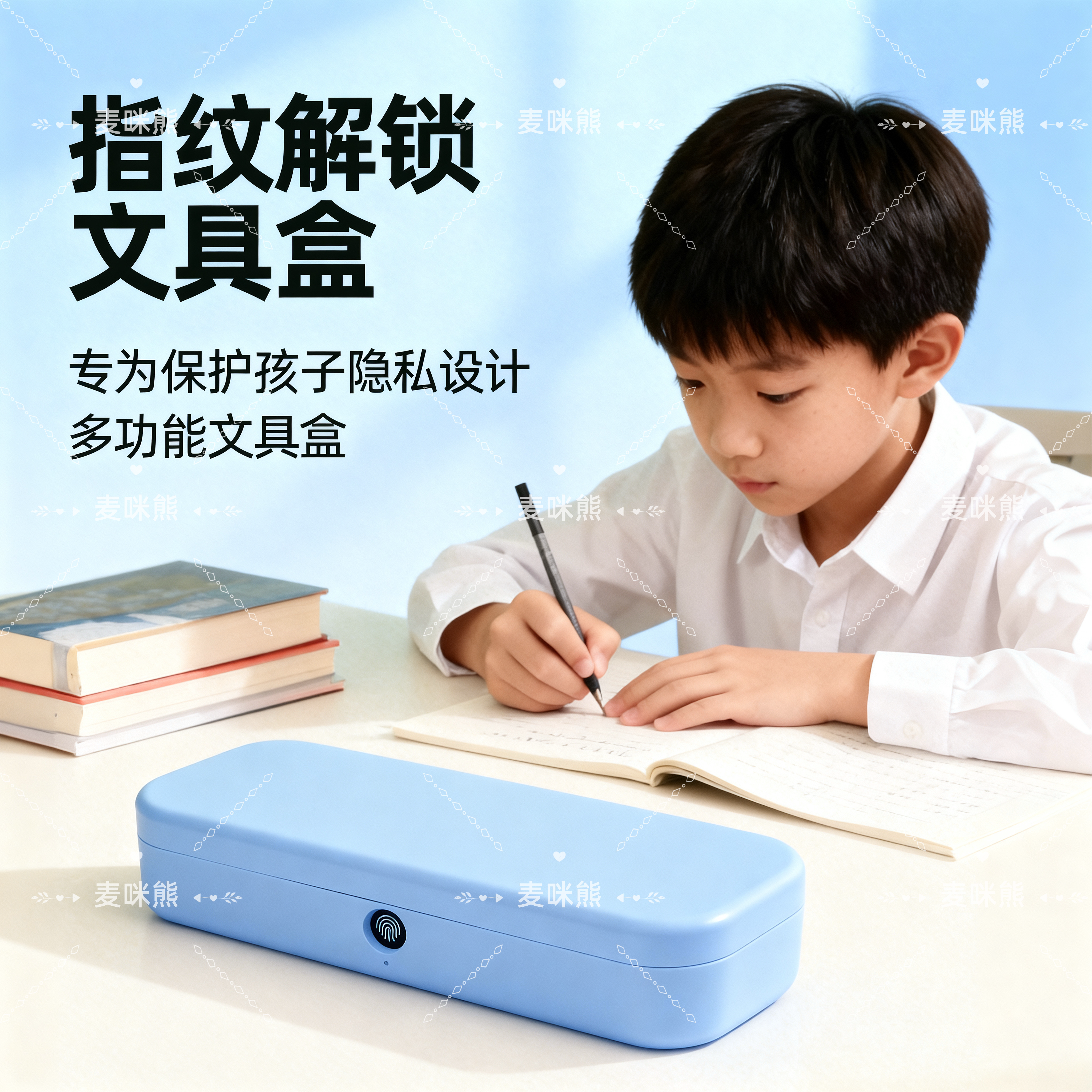 麦咪熊静音指纹解锁双层文具盒