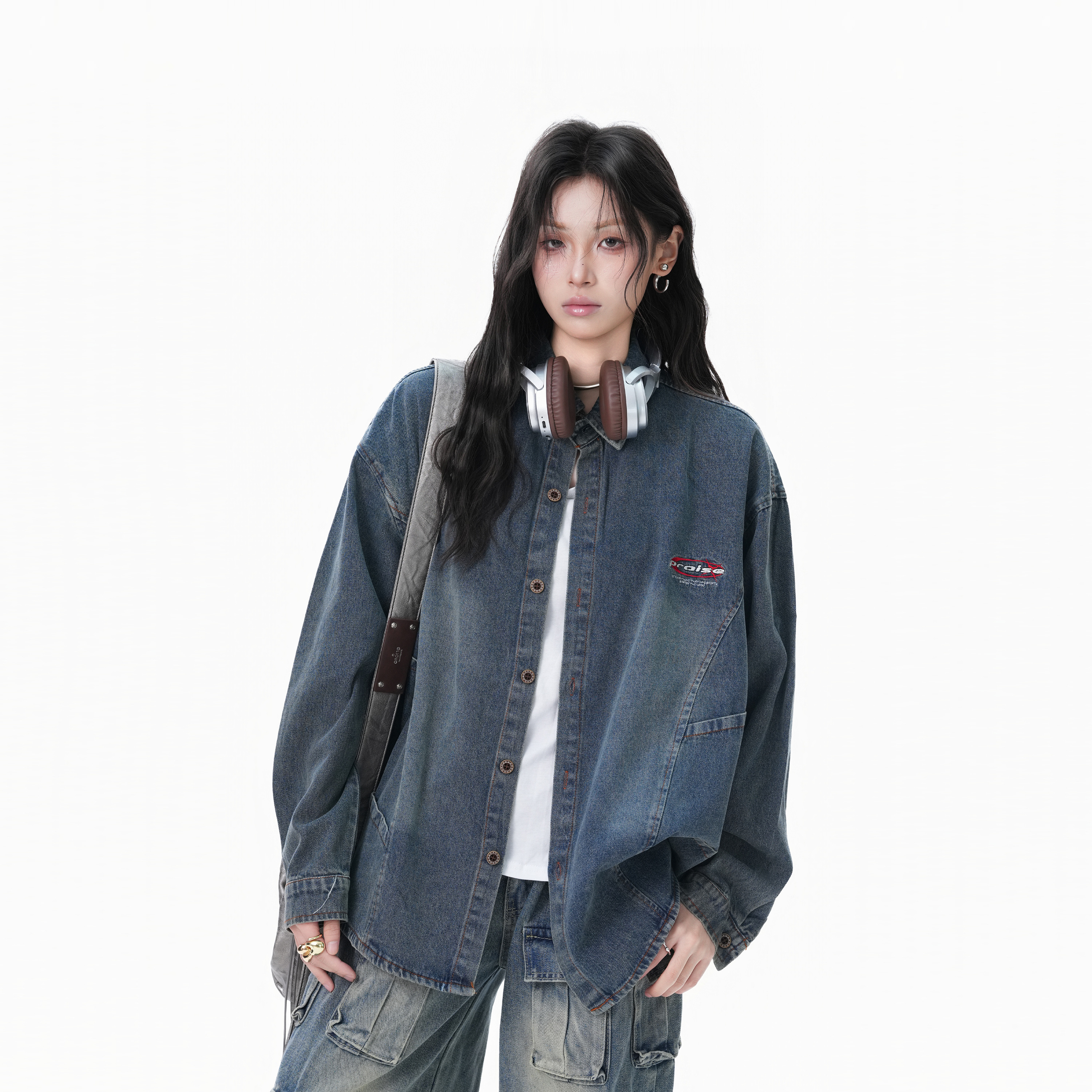 美式复古水洗做旧牛仔衬衫女