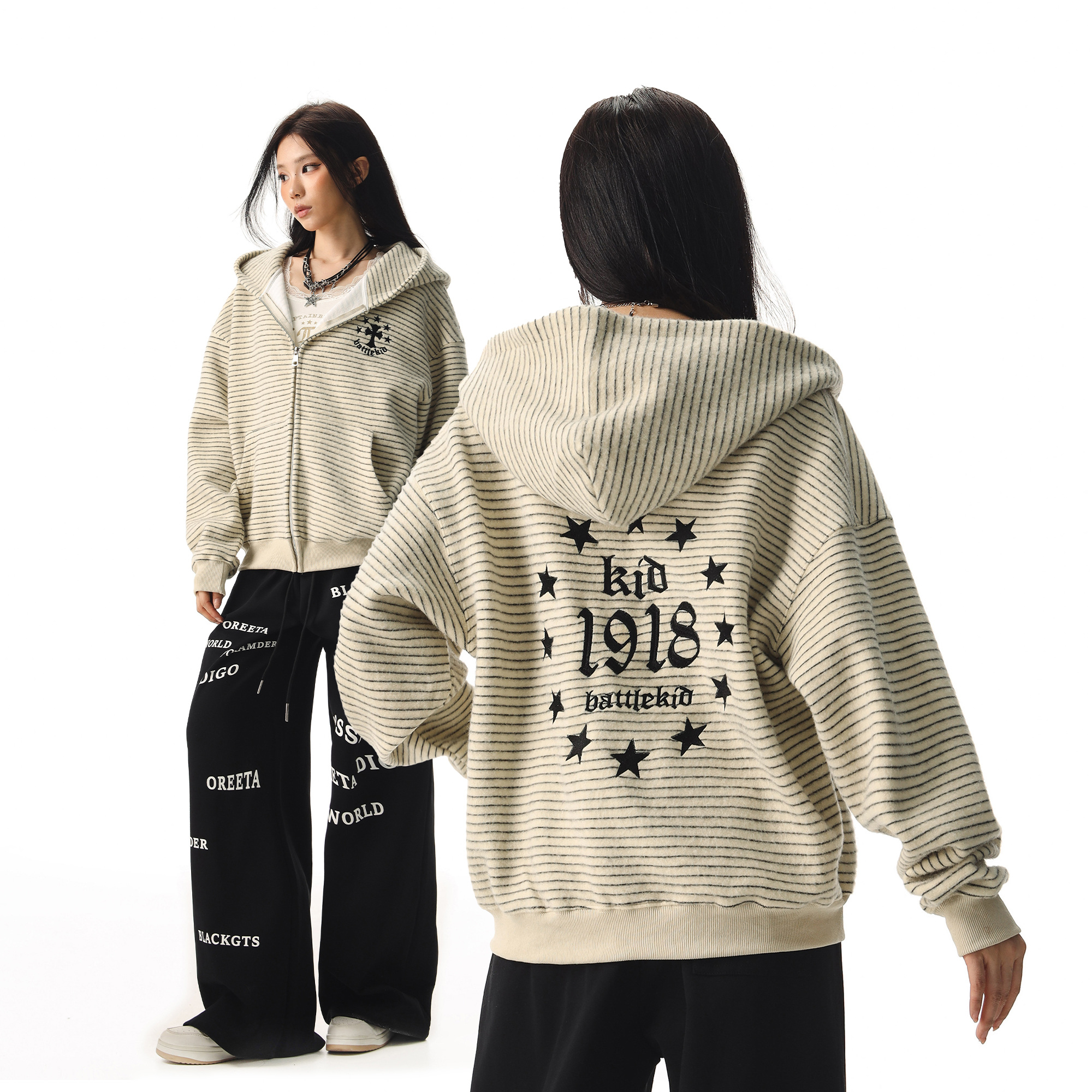 美式复古设计感条纹连帽卫衣外套