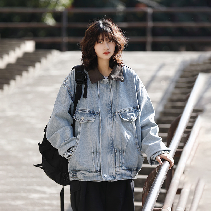 美式复古撞色翻领水洗牛仔夹克