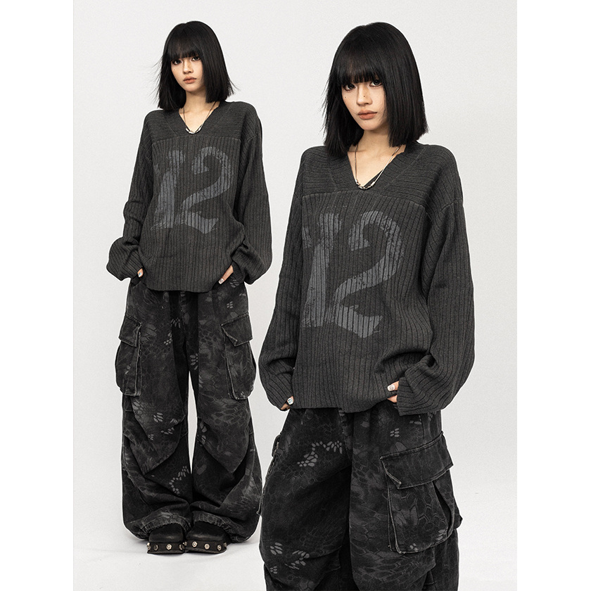 美式复古花V领长袖针织毛衣女