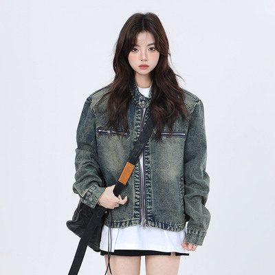 美式复古小众街头立领牛仔外套女