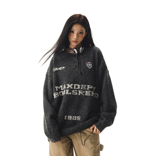 美式复古亨特领宽松慵懒风套头毛衣女秋冬软糯oversize情侣上衣潮