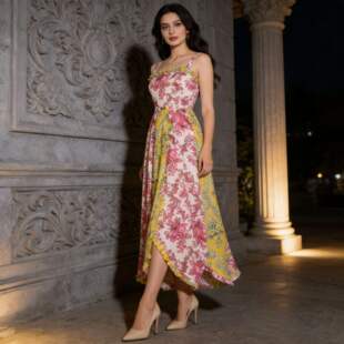 抹胸收腰印花长款 时尚 吊带连衣裙女 波西米亚长裙2025秋季 走秀款