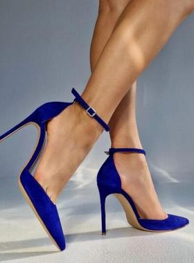 女式时装单鞋 浅口尖头蓝色绒面搭扣细跟宴会鞋 外贸大码女鞋
