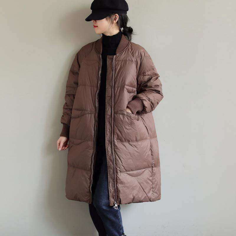 新款冬装棒球领纯色中长款90白鸭绒保暖百搭宽松休闲羽绒服女外套