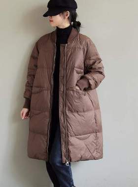 新款冬装棒球领纯色中长款90白鸭绒保暖百搭宽松休闲羽绒服女外套