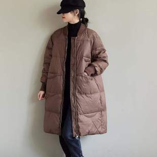 90白鸭绒保暖百搭宽松休闲羽绒服女外套 棒球领纯色中长款 新款 冬装