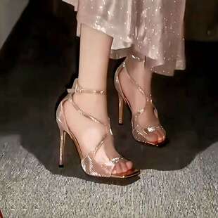 新款人鱼姬粉色高跟鞋女2025夏季高细跟方头带凉鞋超高跟时装凉鞋