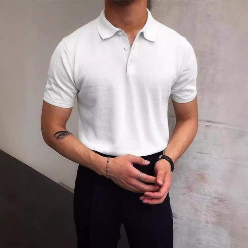 新款 亚马逊外贸男款夏季翻领t恤男宽松针织衫纯色休闲男式衫短袖