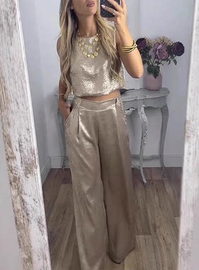 新款亚马逊独立站欧美背心长裤高腰休闲套装两件套金色女时尚套装