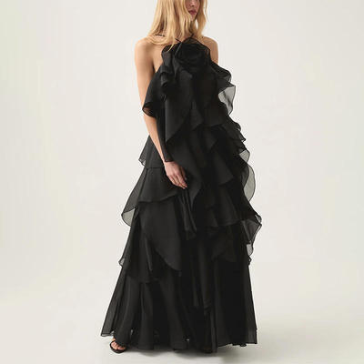 风拼接荷叶边长裙2025夏季挂脖露背设计长款连衣裙女KDR519749