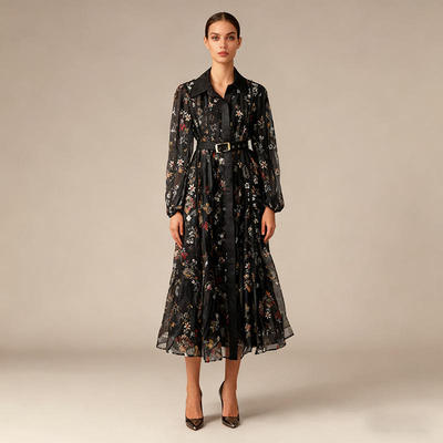 新款复古时尚印花连衣裙女2025长袖腰带设计收腰显瘦气质长裙涤纶