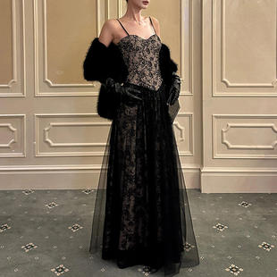 赫本风黑纱蕾丝吊带提花收腰荷叶边长裙2026春季礼服连衣裙女单件