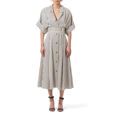 新款慵懒通勤风条纹连衣裙女 2026性感深V领金属扣装饰中长款裙子