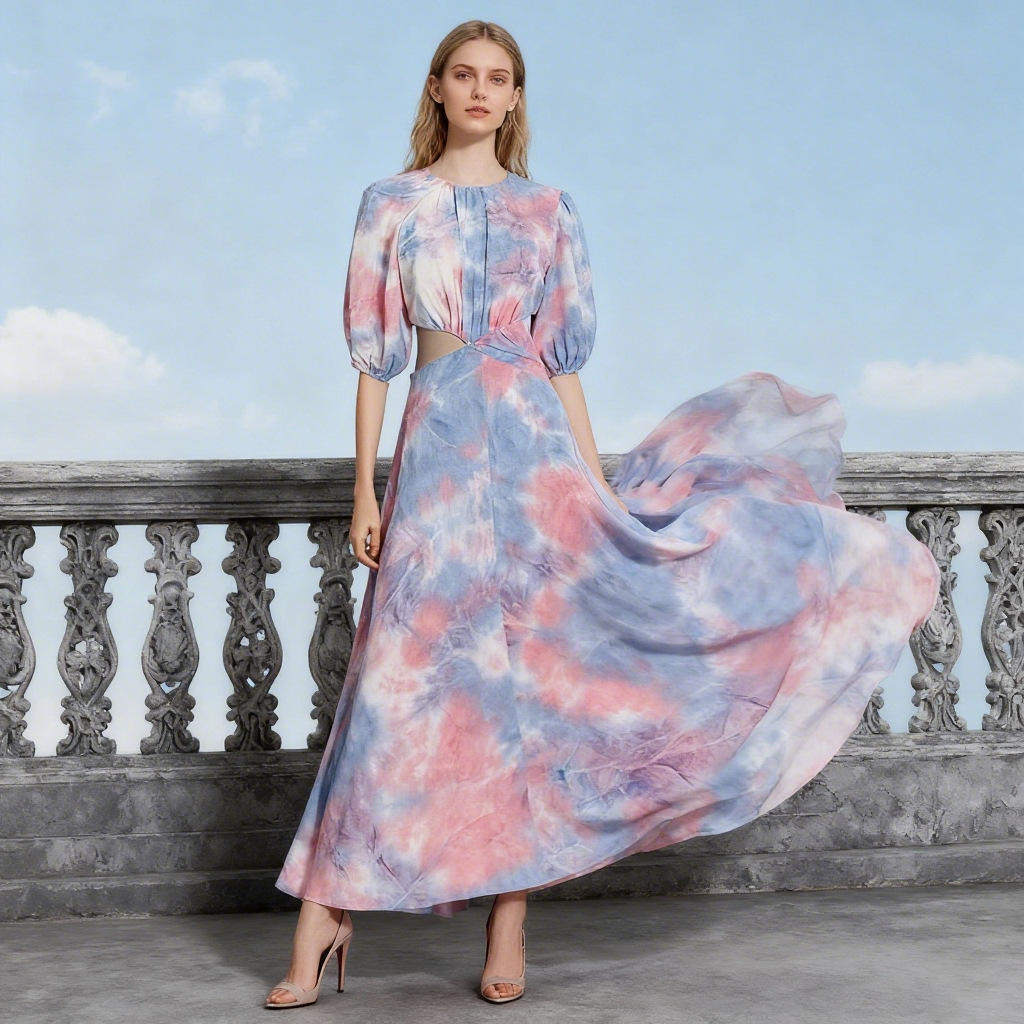 欧美潮牌2025秋季时尚气质性感露腰撞色短袖中长款连衣裙荷叶边裙