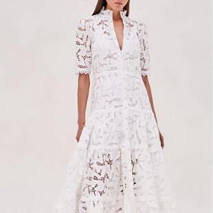 连衣裙女涤纶 刺绣绣花收腰镂空长款 欧美外贸2023秋季 立领短袖