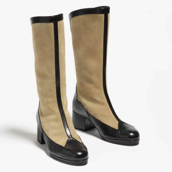 2025秋冬法式拼接撞色圆头粗跟后拉链百搭中筒靴女时装靴冬季拼色