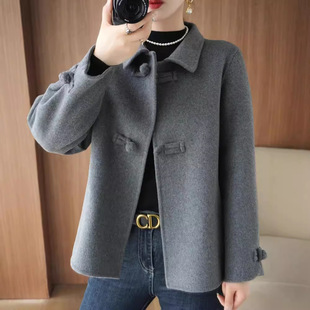 新中式双面羊绒大衣女秋冬新款娃娃领短款小个子100%羊毛呢外套
