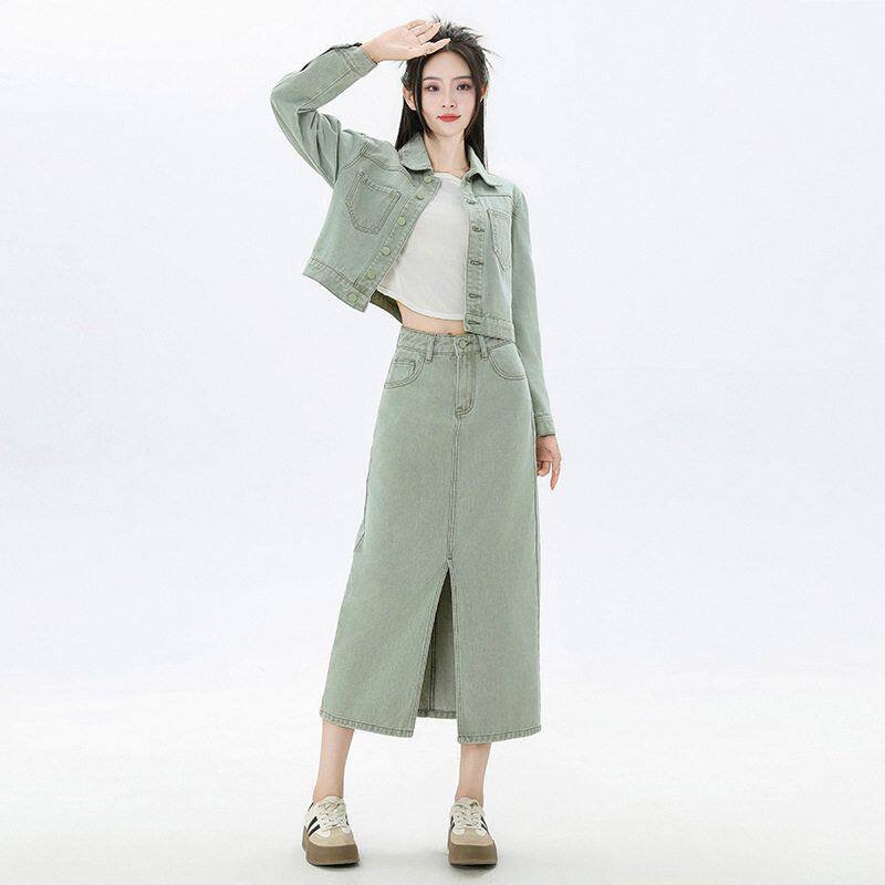浅绿色牛仔套装开叉半身裙女秋2时尚套装