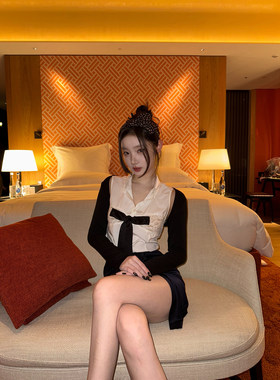 林悠 韩女感显白velen长袖罩衫上衣 蕾丝蝴蝶结飘带背心 醋酸半裙