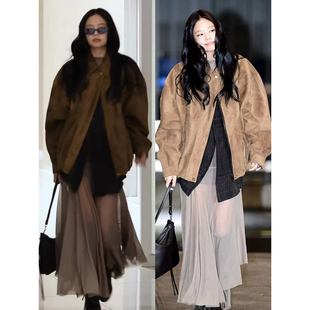 林悠 定制 chao显白洋气感显贵轻奢重工板栗色麂皮拉链外套上衣女