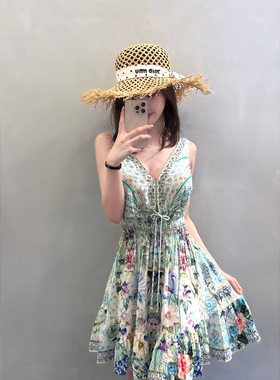 林悠【Camill*仙女澳洲蓝色复古印花V领高收腰彩钻真丝连衣短裙】