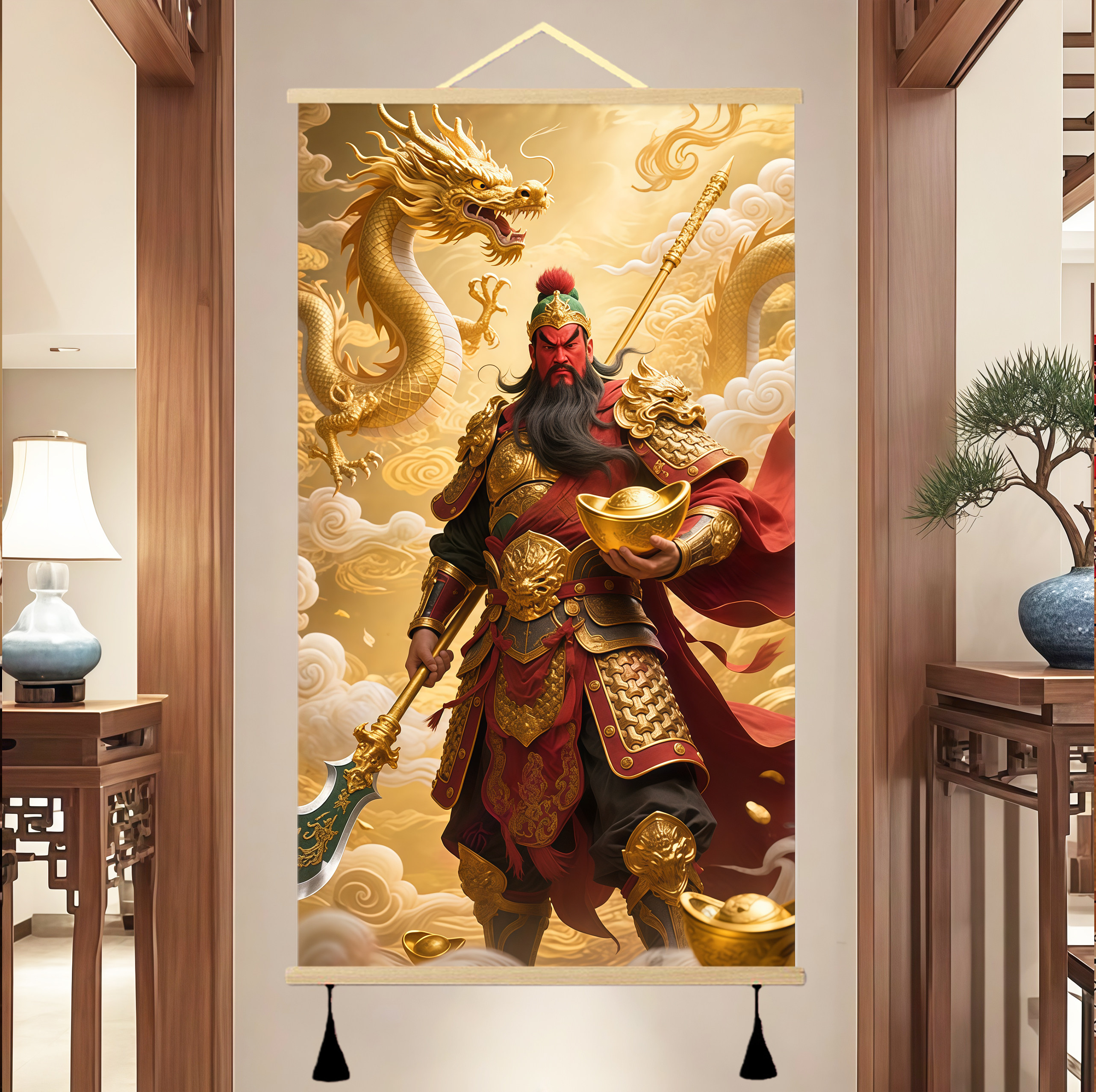 关公画像挂画武财神招财关圣帝君画像客厅卧室装饰画中国风卷轴画 - 实物图