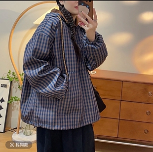 卫衣上衣女 复古格子宽松抽绳连帽半拉链套头长袖 高端欧货春季 新款