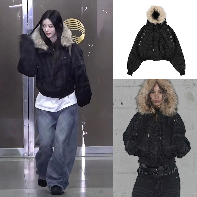 Minju同款黑色大毛领宽松派克服