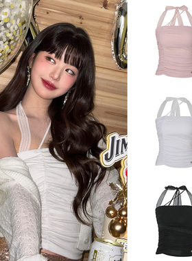 张元英同款韩国小众设计蕾丝褶皱挂脖吊带背心修身内搭打底上衣女