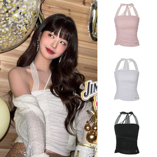 内搭打底上衣女 韩国小众设计蕾丝褶皱挂脖吊带背心修身 张元 英同款