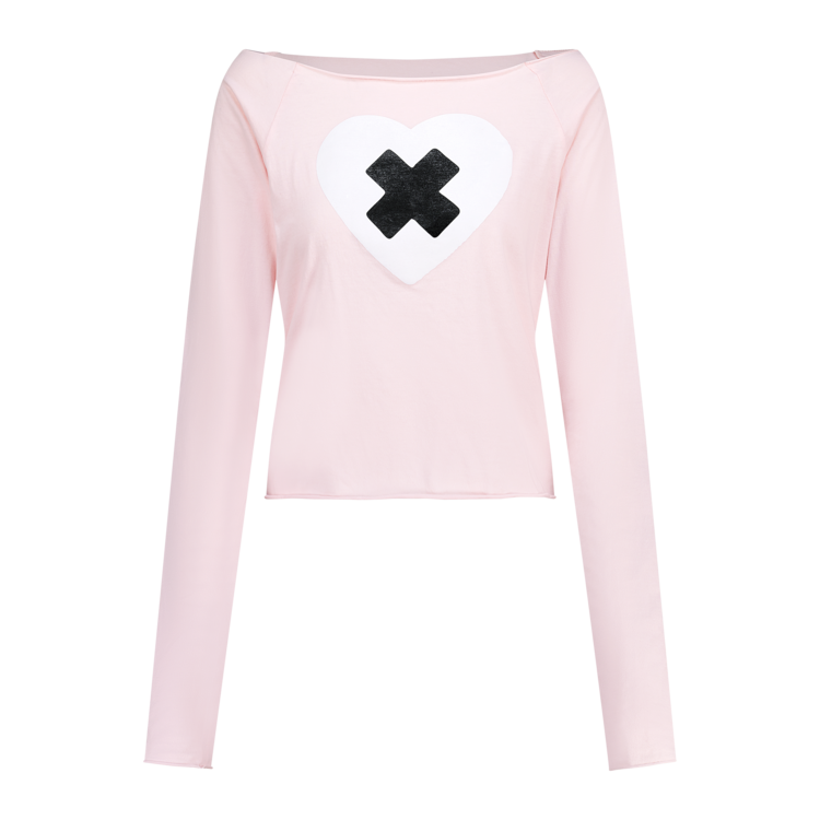 thumbnail for illit Korean love cross print off-the-shoulder long sleeve loose T-shirt vintage Y2K one-neck top